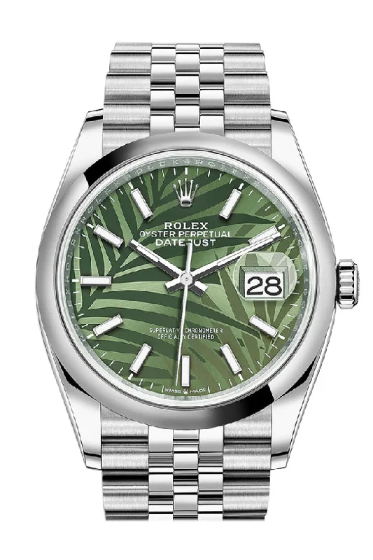 Rolex Datejust 36 Olive Green Palm Motif Dial Jubilee Watch 126200