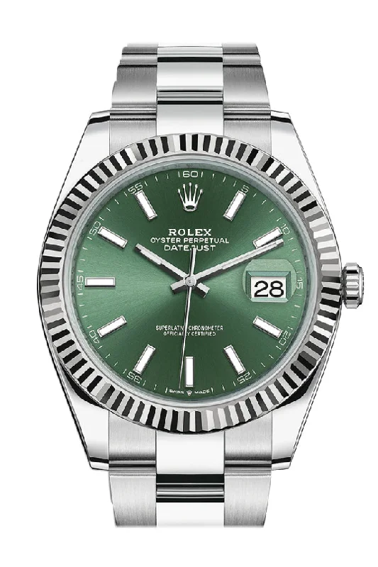 Rolex Datejust 41 Green Stick Dial White Gold Oyster Men's Watch 126334