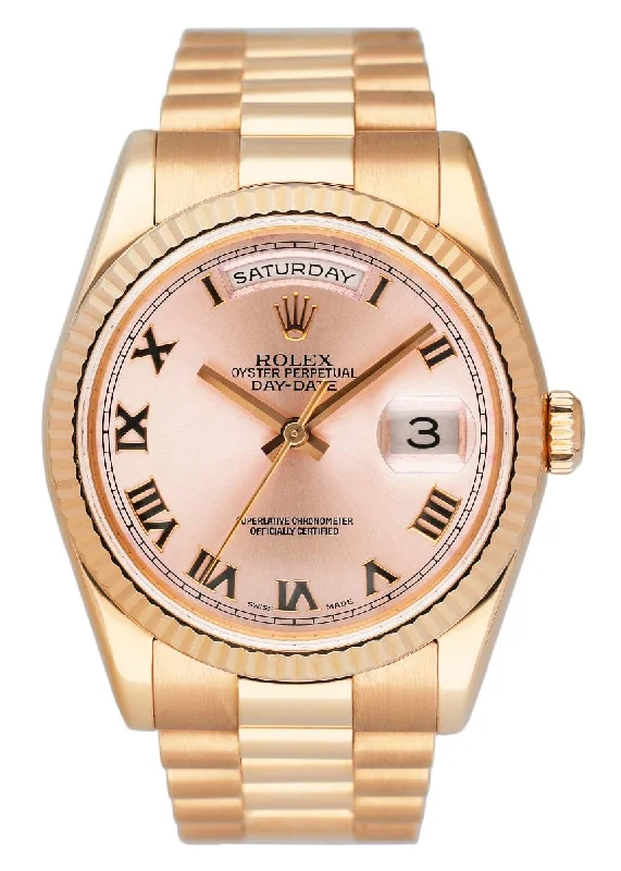 Rolex Day Date 118235 Pink Dial 18k Rose Gold Mens Watch