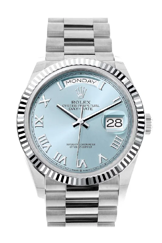 Rolex Day-Date 36 Ice Blue Roman Dial Fluted Bezel Platinum President Watch 128236 DC