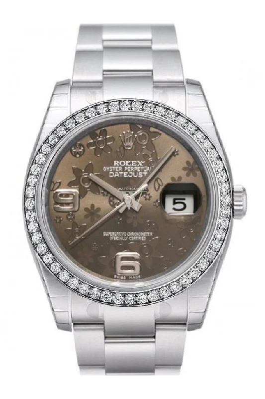 Custom Diamond Bezel Rolex Datejust 36 Bronze Floral Dial Stainless Steel Jubilee Ladies Watch 116200 Pre-owned