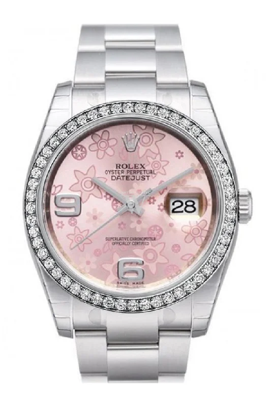 Custom Diamond Bezel Rolex Datejust 36 Pink Floral Dial Stainless Steel Jubilee Ladies Watch 116200 Pre-owned