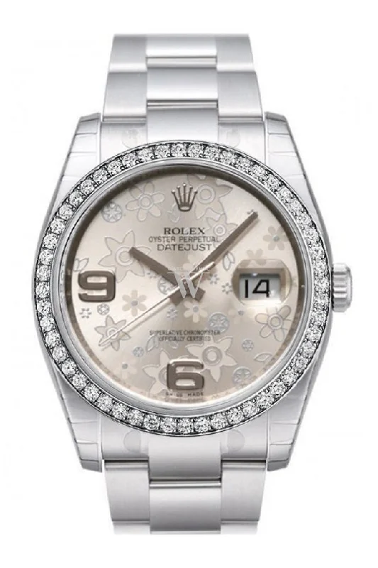 Custom Diamond Bezel Rolex Datejust 36 Silver Floral Motif 2 Arab Dial Stainless Steel Jubilee Men's Watch 116200 Pre-owned