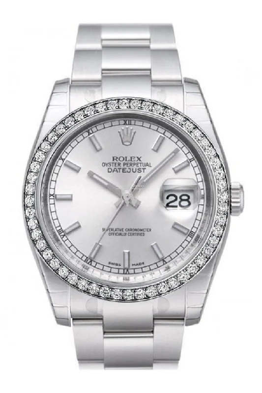 Custom Diamond Bezel Rolex Datejust 36 Silver Index Dial Stainless Steel Jubilee Bracelet Men's Watch 116200 Pre-owned