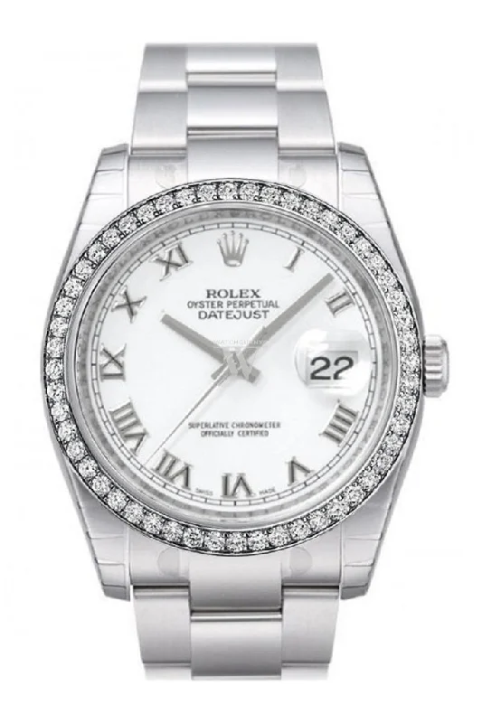 Custom Diamond Bezel Rolex Datejust 36 White Roman Dial Stainless Steel Jubilee Men's Watch 116200 Pre-owned