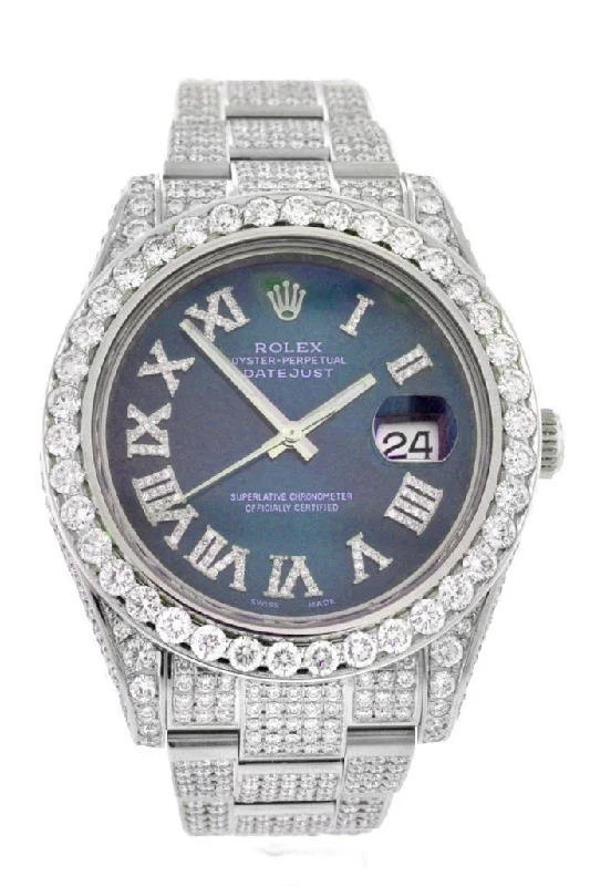 Custom Diamond Rolex Datejust II 41 Blue Dial Diamond Roman Dial Mens Watch 116300 Pre-owned