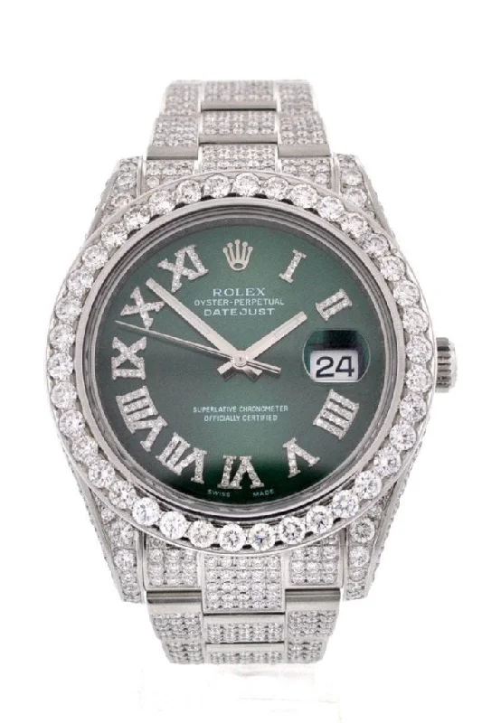 Custom Diamond Rolex Datejust II 41 Green Dial Diamond Roman Dial Mens Watch 116300 Pre-owned