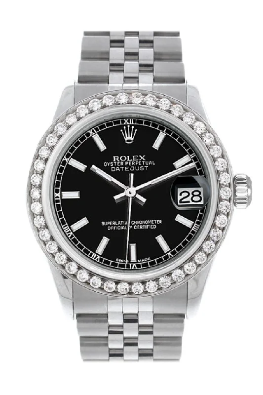 Rolex Custom Diamond Bezel Datejust 31 Black Dial Jubilee Ladies Watch 178240 Pre-owned