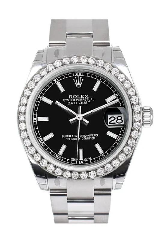 Rolex Custom Diamond Bezel Datejust 31 Black Dial Oyster Ladies Watch 178240 Pre-owned