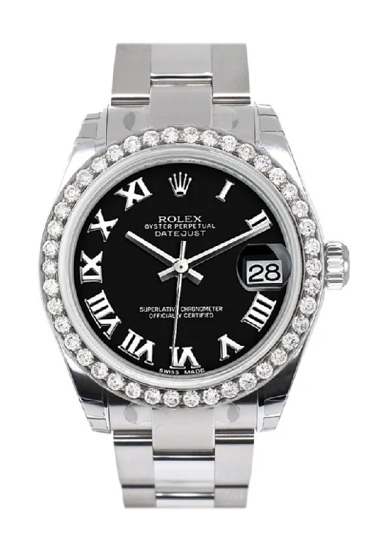 Rolex Custom Diamond Bezel Datejust 31 Black Roman Dial Oyster Ladies Watch 178240 Pre-owned