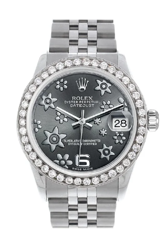 Rolex Custom Diamond Bezel Datejust 31 Dark Rhodium Raised Floral motif Dial Jubilee Ladies Watch 178240 Pre-owned