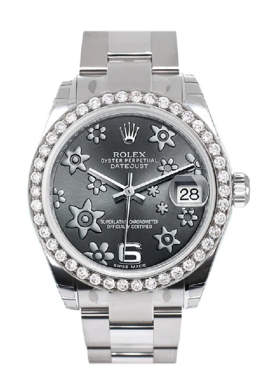 Rolex Custom Diamond Bezel Datejust 31 Dark rhodium raised floral motif Dial Oyster Ladies Watch 178240 Pre-owned