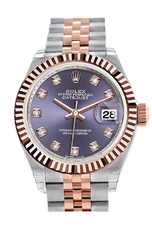 Rolex Datejust 28 Aubergine Diamond Dial Fluted Bezel Jubilee Ladies Watch 279171 NP