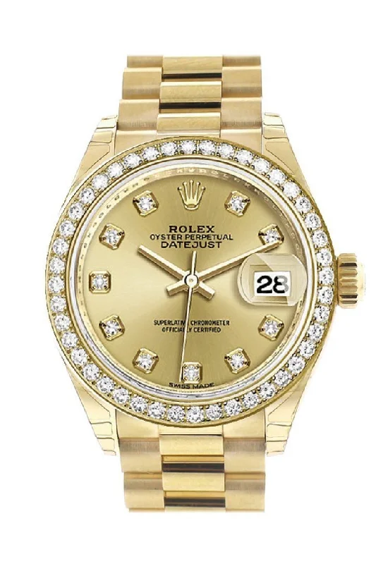 Rolex Datejust 28 Champagne Diamond Dial Diamond Bezel President Ladies Watch 279138RBR NP