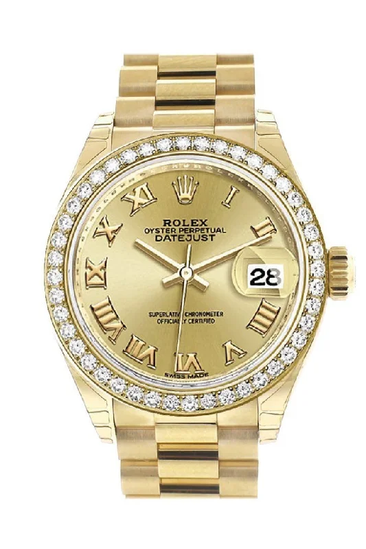 Rolex Datejust 28 Champagne Roman Dial Diamond Bezel President Ladies Watch 279138RBR NP