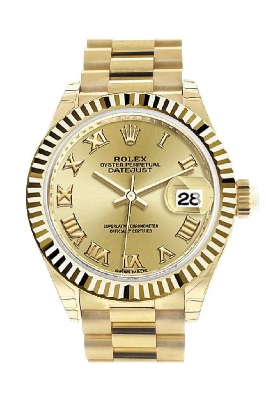 Rolex Datejust 28 Champagne Roman Dial Fluted Bezel President Ladies Watch 279178 NP