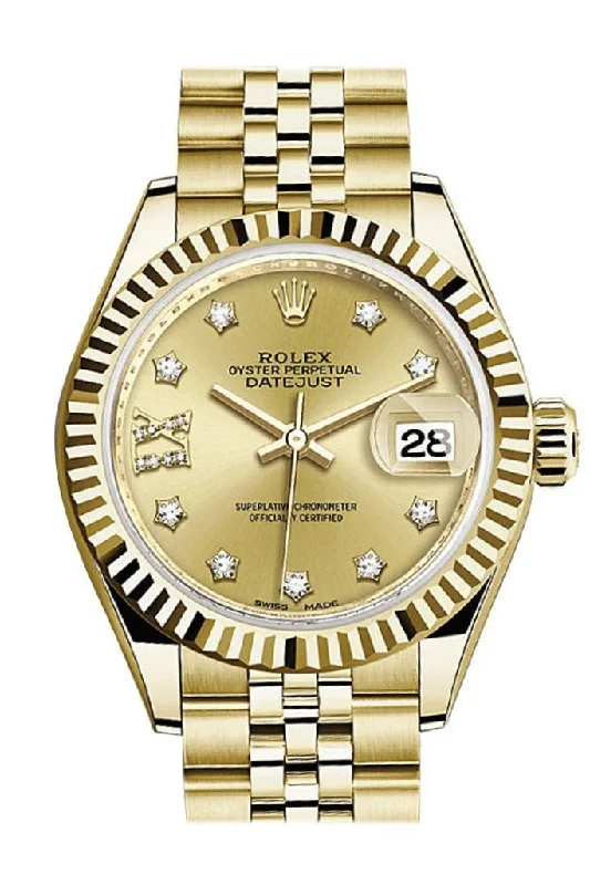 Rolex Datejust 28 Champagne Star Fluted Dial Fluted Bezel Jubilee Ladies Watch 279178 NP