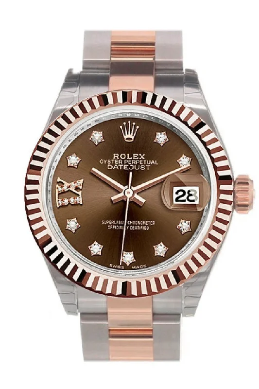 Rolex Datejust 28 Chocolate 9 diamonds set in star Dial Fluted Bezel Oyster Ladies Watch 279171 NP