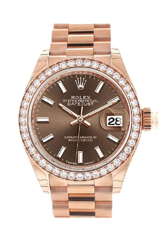 Rolex Datejust 28 Chocolate Dial Diamond Bezel Rose Gold President Ladies Watch 279135RBR NP