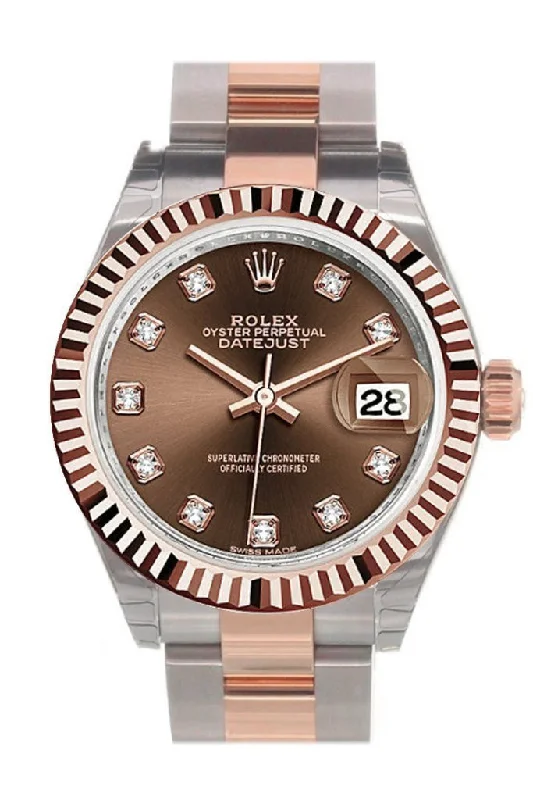 Rolex Datejust 28 Chocolate Diamond Dial Fluted Bezel Oyster Ladies Watch 279171 NP