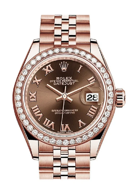 Rolex Datejust 28 Chocolate Roman Dial Diamond Bezel Rose Gold Jubilee Ladies Watch 279135RBR NP