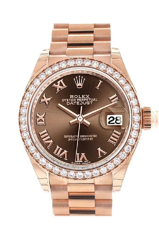 Rolex Datejust 28 Chocolate Roman Dial Diamond Bezel Rose Gold President Ladies Watch 279135RBR NP