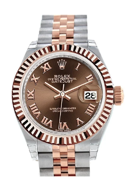 Rolex Datejust 28 Chocolate Roman Dial Fluted Bezel Jubilee Ladies Watch 279171 NP