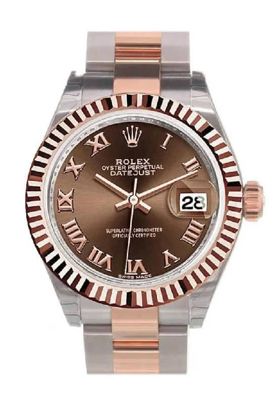 Rolex Datejust 28 Chocolate Roman Dial Fluted Bezel Oyster Ladies Watch 279171 NP