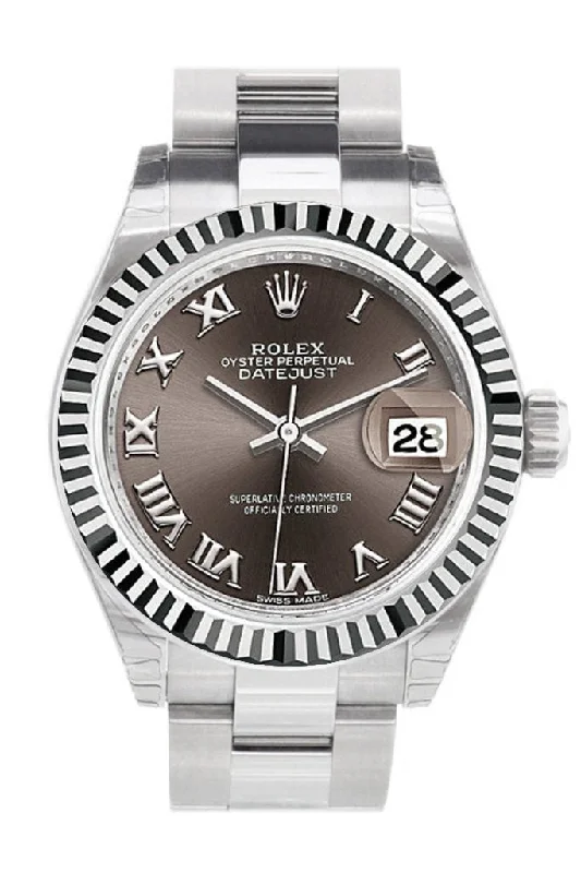 Rolex Datejust 28 Dark Grey Roman Dial Fluted Bezel Steel Ladies Watch 279174