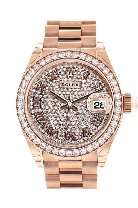 Rolex Datejust 28 Diamond Paved Roman Dial Diamond Bezel Rose Gold President Ladies Watch 279135RBR 279135 NP