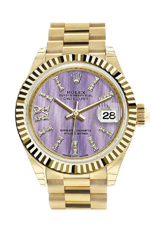 Rolex Datejust 28 Lilac Large Roman Roman Diamond Dial Fluted Bezel President Ladies Watch 279178 NP