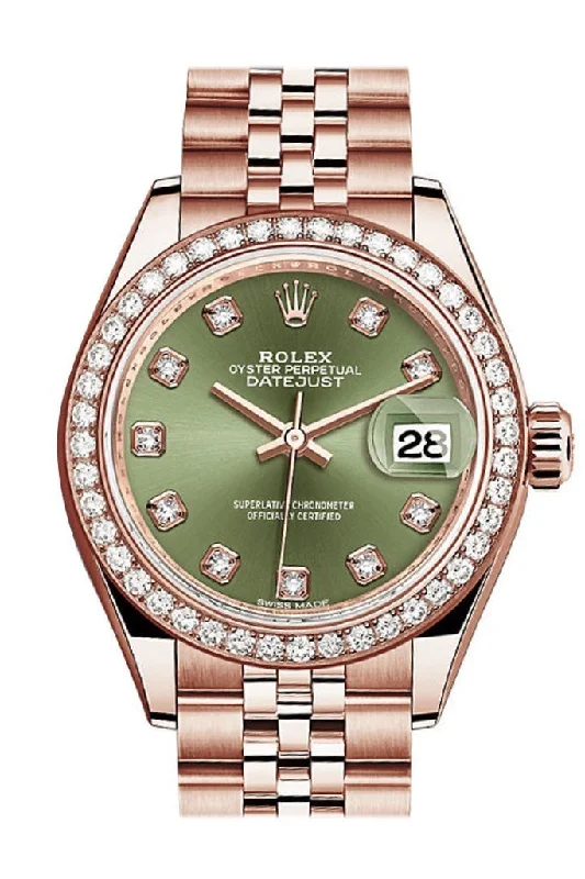 Rolex Datejust 28 Olive Green Diamond Dial Diamond Bezel Rose Gold Jubilee Ladies Watch 279135RBR NP