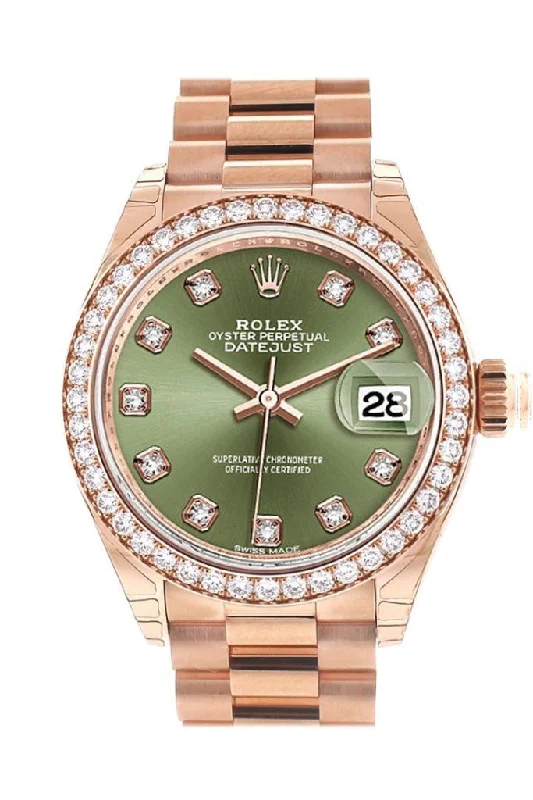 Rolex Datejust 28 Olive Green Diamond Dial  Diamond Bezel Rose Gold President Ladies Watch 279135RBR 279135 NP