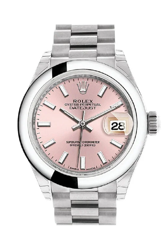 Rolex Datejust 28 Pink Dial Dome Bezel President Ladies Watch 279166 NP