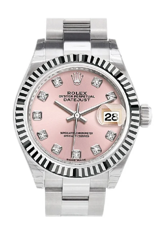 Rolex Datejust 28 Pink Diamonds Dial Fluted Bezel Steel Ladies Watch 279174