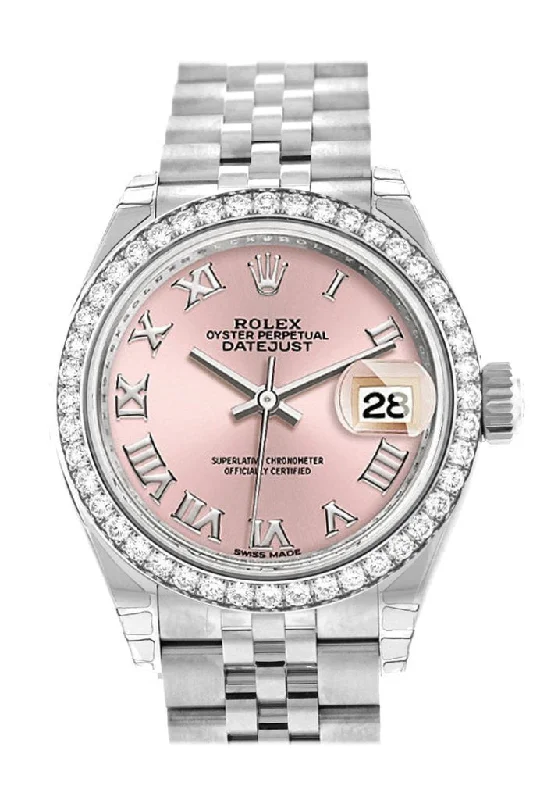 Rolex Datejust 28 Pink Roman Dial Diamond Bezel Steel Jubilee Ladies Watch 279384RBR NP