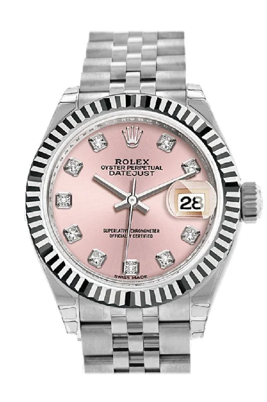 Rolex Datejust 28 Pink set with Diamonds Dial Fluted Bezel Steel Jubilee Ladies Watch 279174