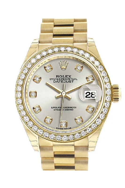 Rolex Datejust 28 Silver Diamond Dial Diamond Bezel President Ladies Watch 279138RBR NP Pre-owned