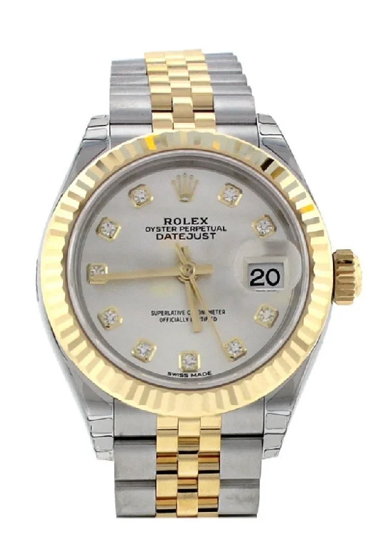 Rolex Datejust 28 Silver Diamond Dial Fluted Yellow Gold Two Tone Jubilee Ladies Watch 279173 NP