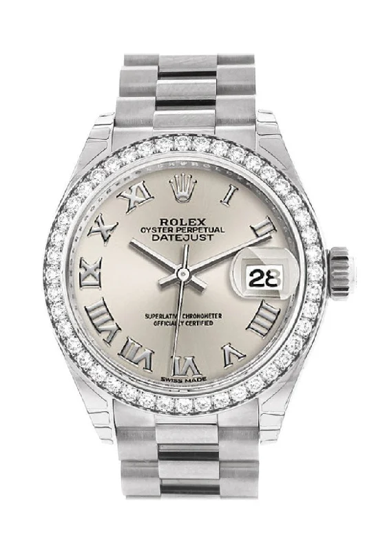 Rolex Datejust 28 Silver Roman Dial Diamond Bezel President Ladies Watch 279136RBR 279136 NP