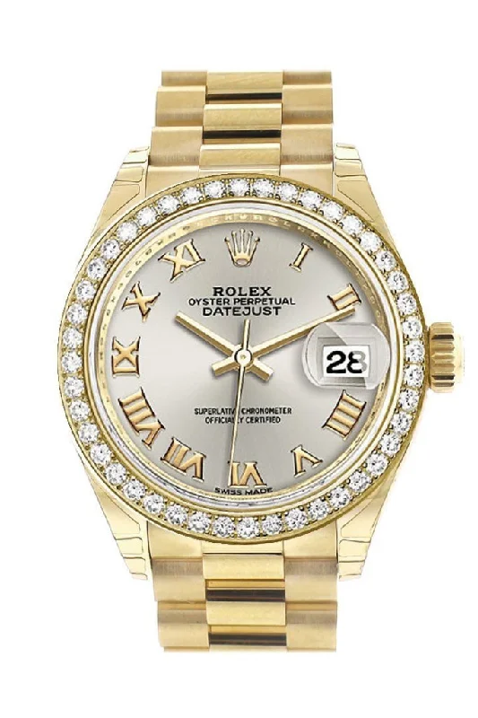 Rolex Datejust 28 Silver Roman Dial Diamond Bezel President Ladies Watch 279138RBR NP