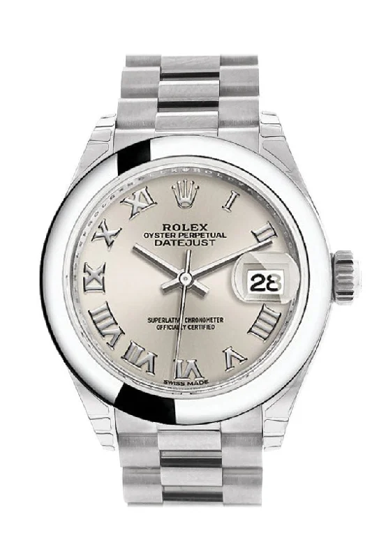 Rolex Datejust 28 Silver Roman Dial Dome Bezel President Ladies Watch 279166 NP