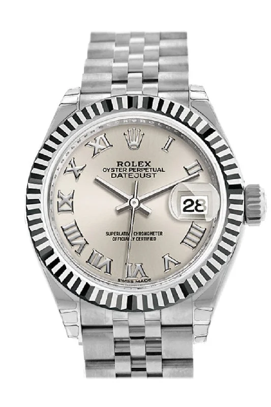 Rolex Datejust 28 Silver Roman Dial Fluted Bezel Steel Jubilee Ladies Watch 279174