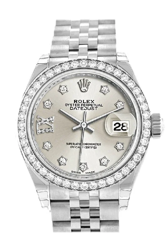 Rolex Datejust 28 Silver Roman Large VI set with Diamonds Dial Diamond Bezel Steel Jubilee Ladies Watch 279384RBR NP