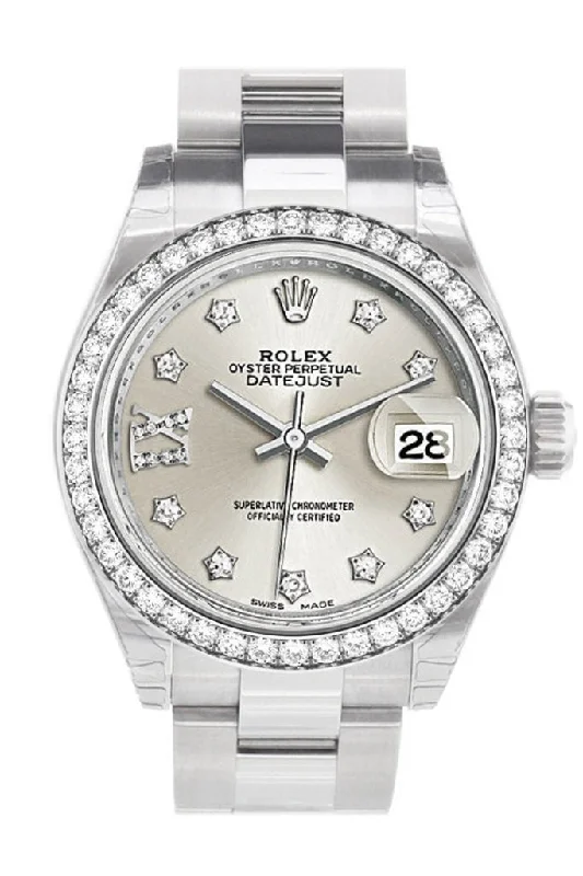 Rolex Datejust 28 Silver Roman Large VI set with Diamonds Dial Diamond Bezel Steel Ladies Watch 279384RBR NP