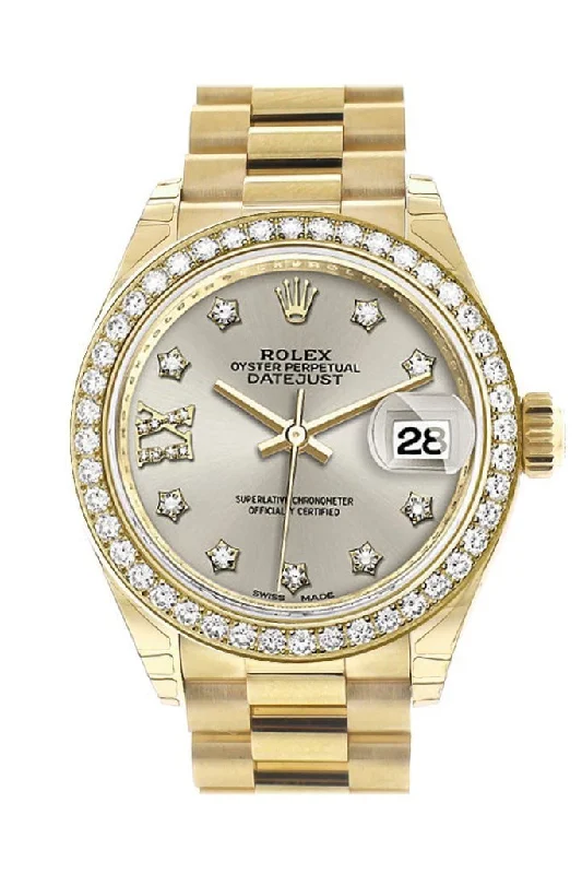 Rolex Datejust 28 Silver Star Diamond Dial Diamond Bezel President Ladies Watch 279138RBR NP