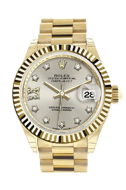 Rolex Datejust 28 Silver Star Diamond Dial Fluted Bezel President Ladies Watch 279178 NP