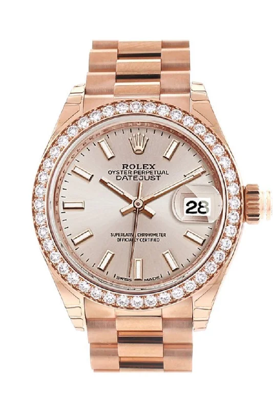 Rolex Datejust 28 Sundust Dial Diamond Bezel Rose Gold President Ladies Watch 279135RBR NP