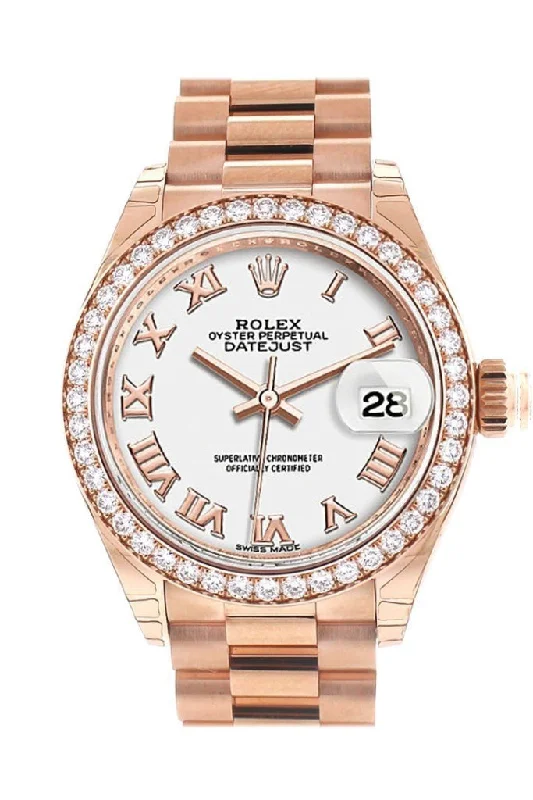 Rolex Datejust 28 White Roman Dial Diamond Bezel Rose Gold President Ladies Watch 279135RBR NP