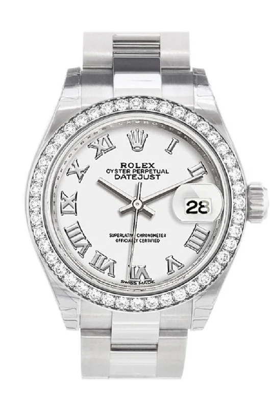 Rolex Datejust 28 White Roman Dial Diamond Bezel Steel Ladies Watch 279384RBR